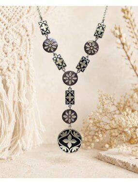Silver Tone Black Enamel Floral Medallion Y Drop Necklace 16 In Liz & Co